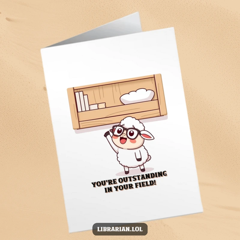 Funny Free Printable Congratulations Card: Happy sheep with glasses looking up at a high shelf, reaching triumphantly.