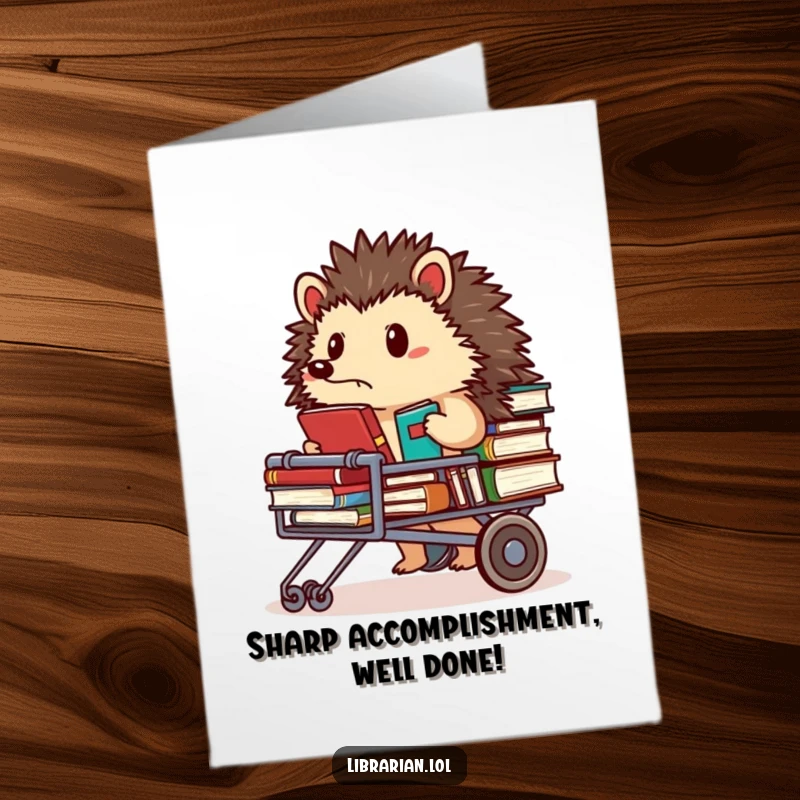 Funny free printable congratulations card featuring a determined hedgehog librarian pushing a cart full of books.