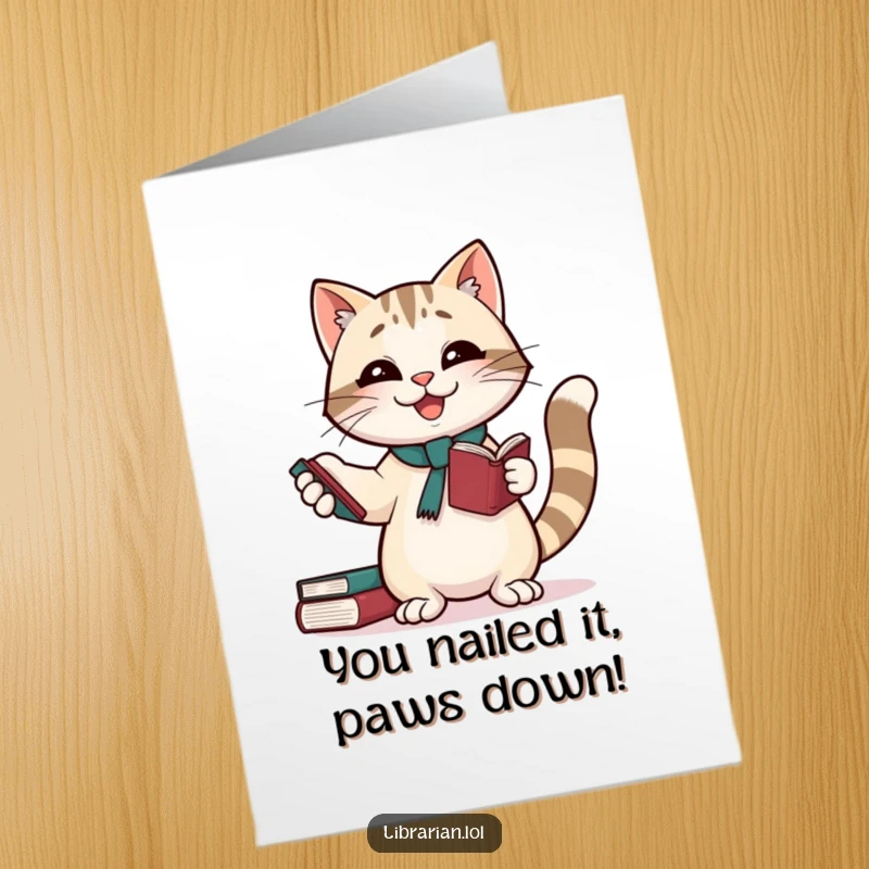 Free Printable Cat Librarian Congratulations Card: A happy cat librarian juggles books, celebrating your amazing success with glee.