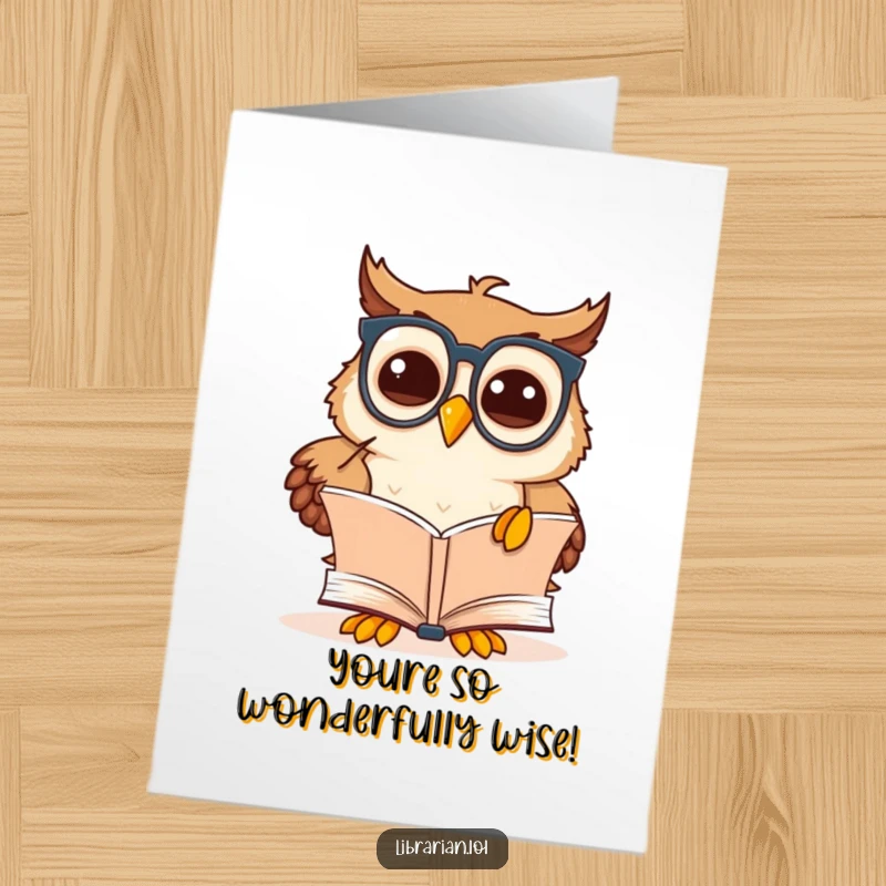 Funny Free Printable Congratulations Card: Owl with spectacles smiles, pointing to a book of discovery.
