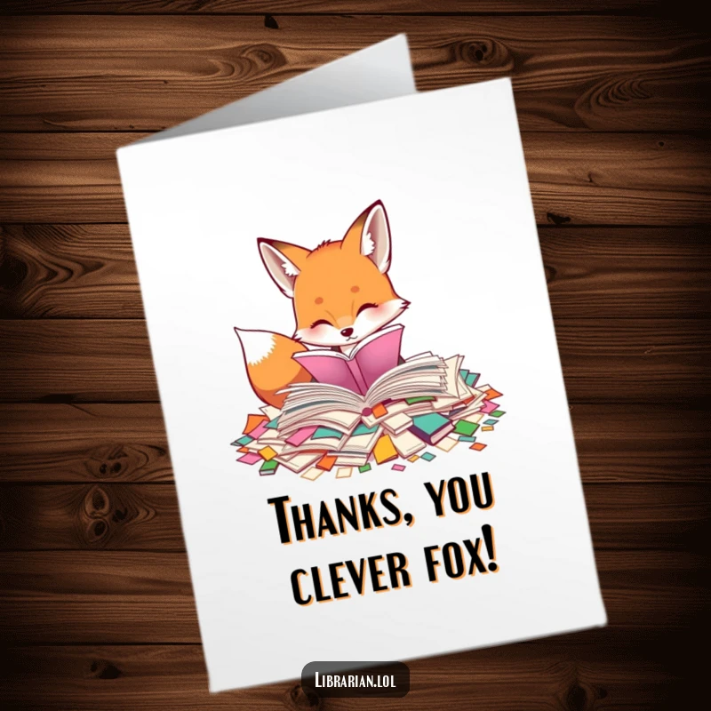 Funny Free Printable Thank You Card: A curious fox sorting through colorful, scattered pages, expressing thanks.