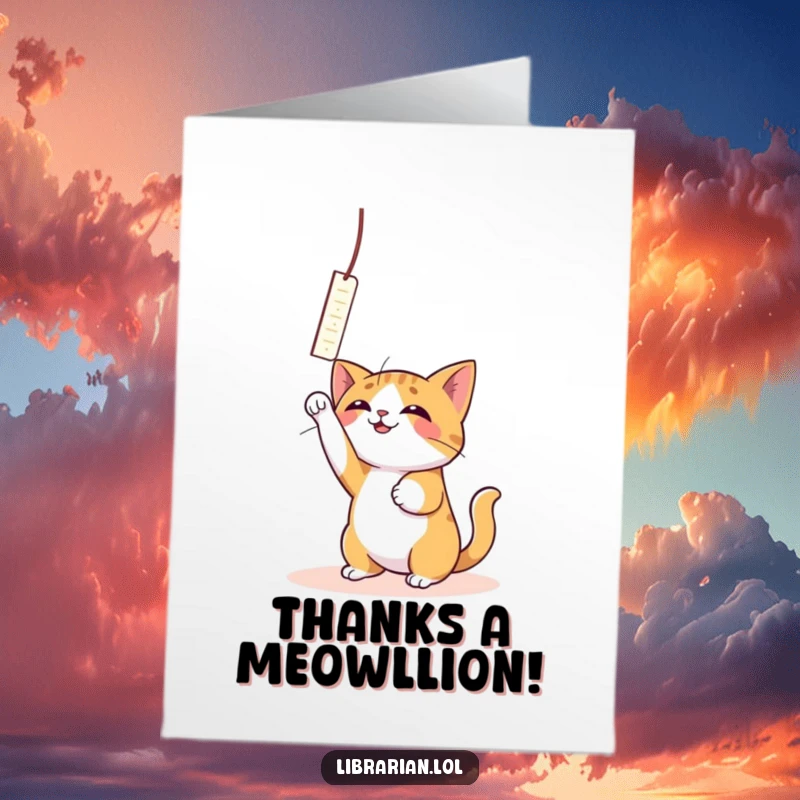 Funny Free Printable Thank You Card: A playful cat bats with delight at a dangling bookmark, showing whimsical gratitude.