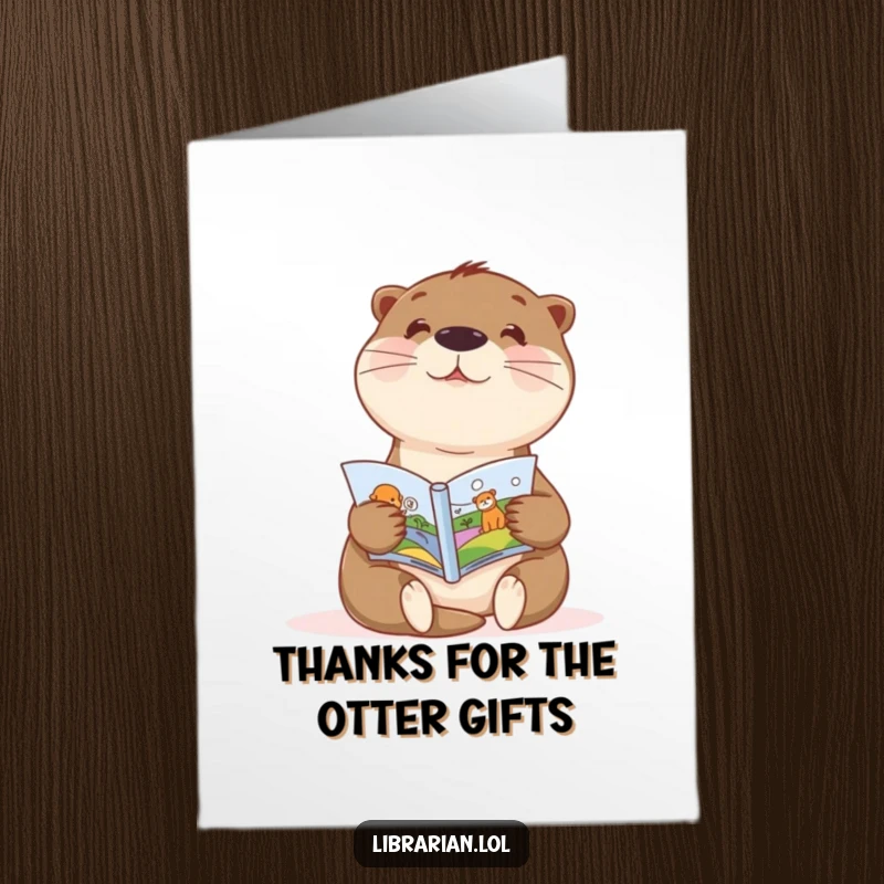 Funny Free Printable Otter Thank You Card: A sweet otter enthusiastically shows a child a picture book, offering thanks.