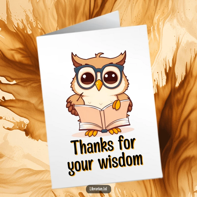 Funny Free Printable Thank You Card: Owl in glasses beaming with discovery over an open book.