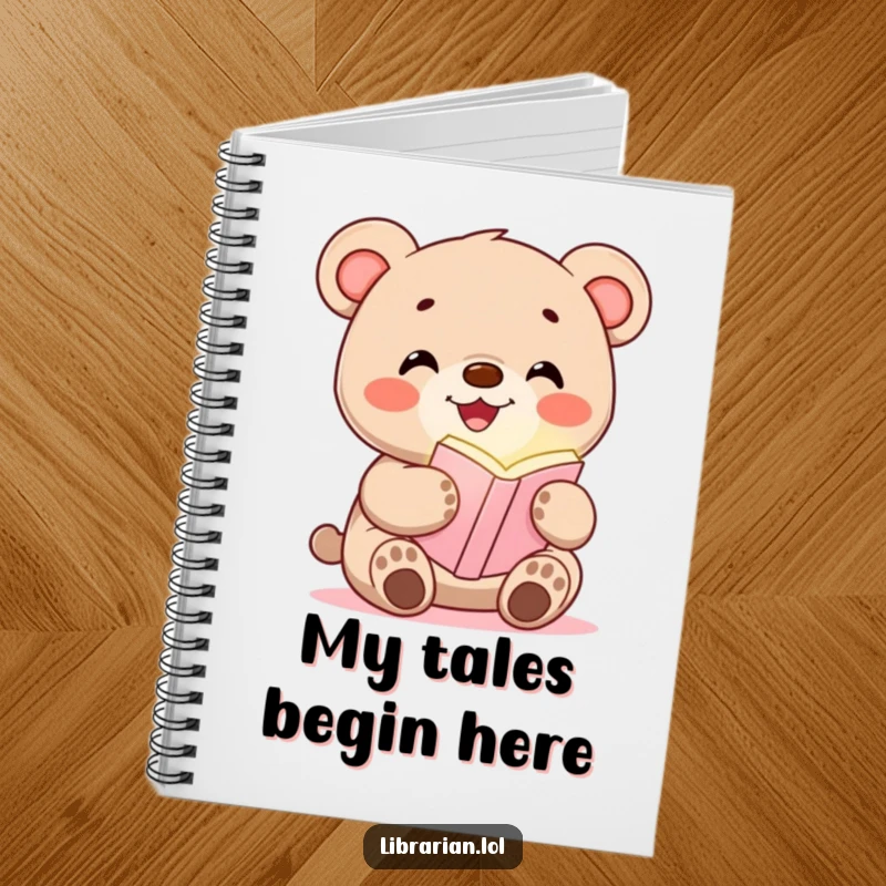 Funny notebook with a happy bear cub clutching a glowing bookmark, perfect for journaling and note-taking.