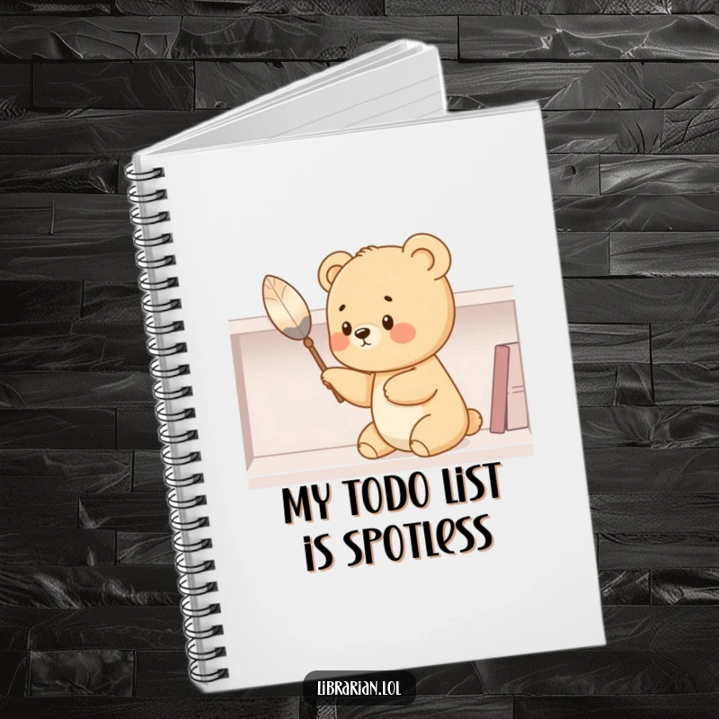 Funny bear cub notebook, dusting a shelf with a feather duster, inspiring neatness and humor for all your writing needs.