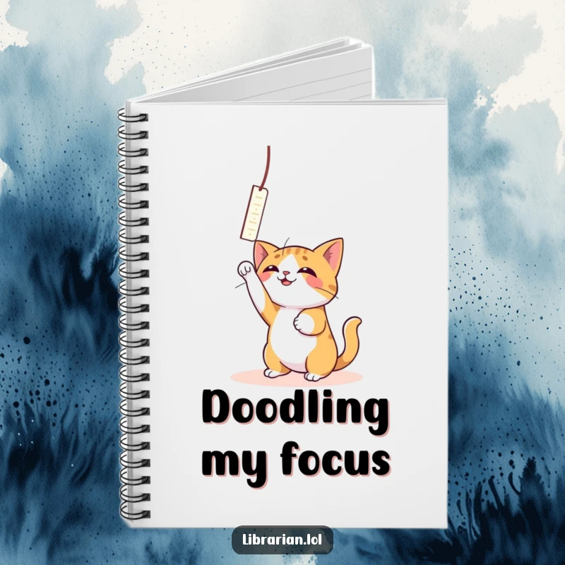 Funny Cat Bookmark Notebook: A playful cat bats at a dangling bookmark while writing.