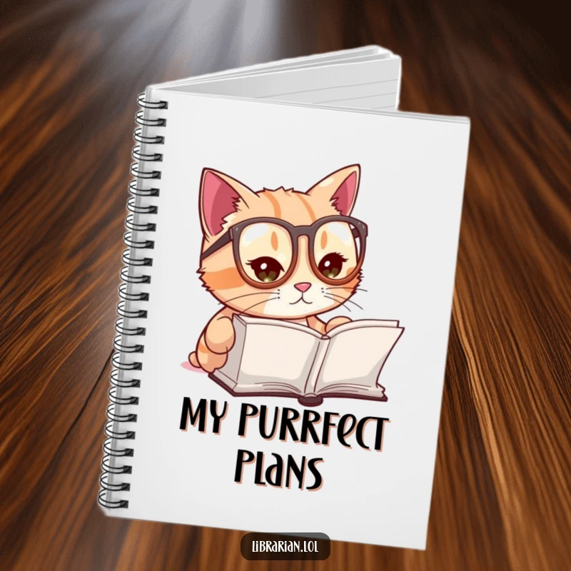 Funny notebook cover featuring a cute cat with tiny reading glasses, gazing intently at an open book, ideal for journaling.