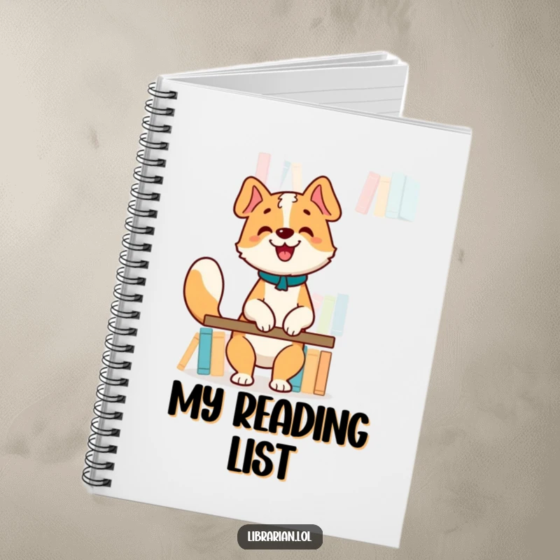Funny Notebook: Happy dog librarian organizing books, tail wagging, perfect for jotting down notes.