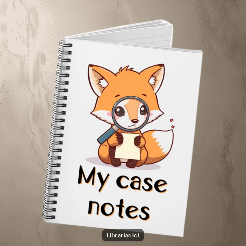 Funny notebook with a fox using a magnifying glass to examine a note, ideal for note-taking.