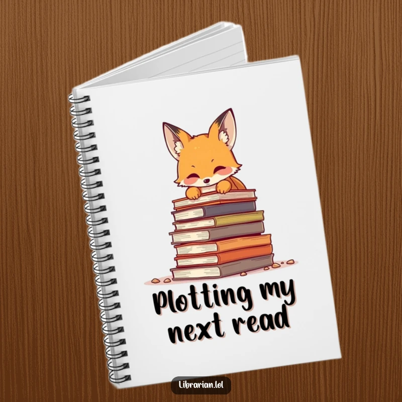 Funny curious fox peeking over a large pile of dusty books, a hilarious notebook for capturing ideas and reading lists.