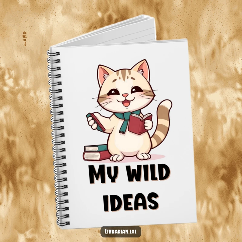 Funny notebook: A cat librarian juggling books, providing inspiration for a funny gift for writers.