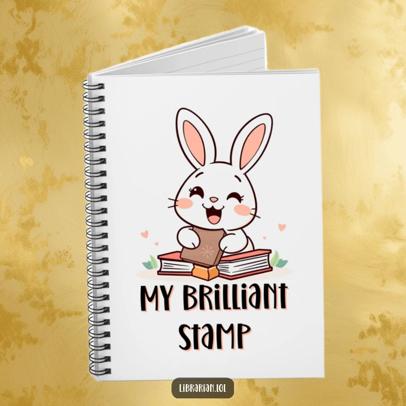 Funny happy rabbit with a giant rubber stamp over books, printed on a notebook for enthusiastic note-taking and planning.