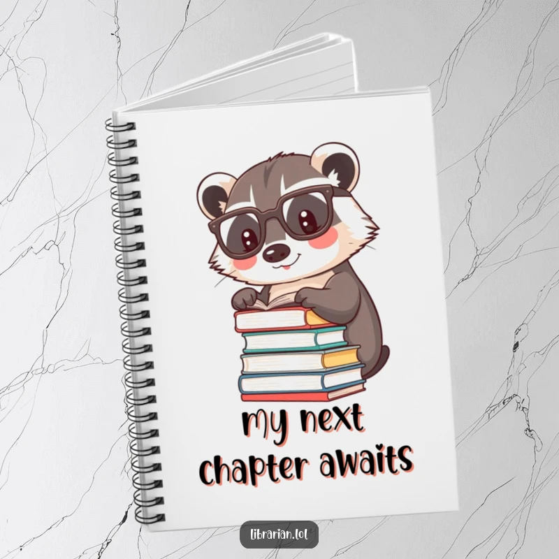 Funny happy badger wearing reading glasses, patting books, on a lined notebook for writing.