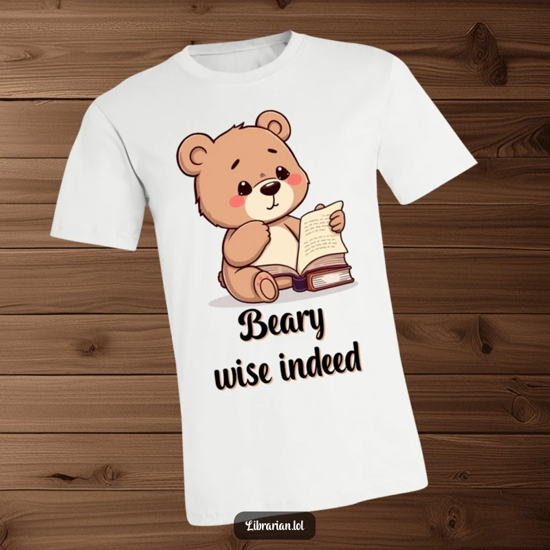 Funny t-shirt featuring a studious bear winking and pointing to a specific book, a humorous choice for readers.