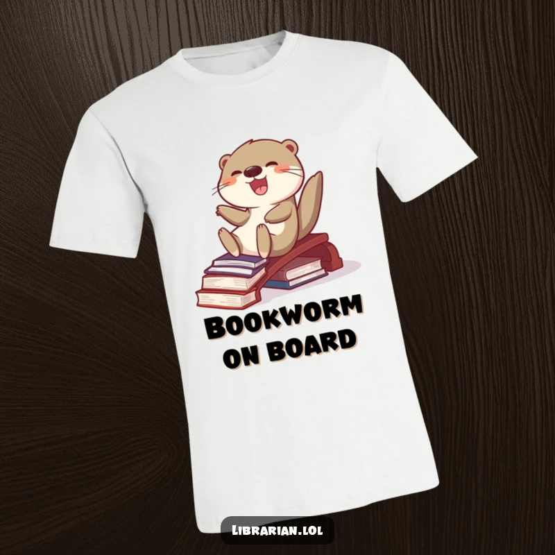 Funny joyful otter happily sliding down a ramp made of books on a t-shirt, a celebration of reading and pure bliss.