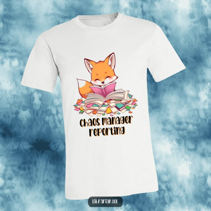 Funny t-shirt with a curious fox engrossed in sorting through a pile of colorful, scattered pages. Humorous and stylish bookish wear.
