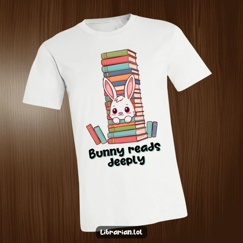 Funny curious bunny t-shirt hiding behind encyclopedias, ideal for funny gifts.