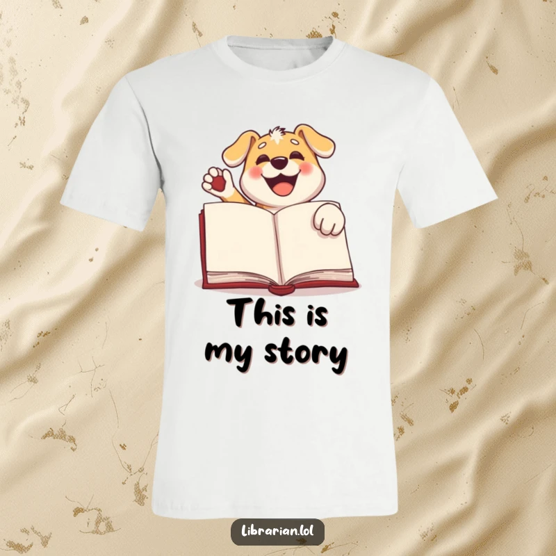 Funny dog t-shirt, a joyful dog stamping a big book with its paw, depicting enthusiasm for reading and pets.