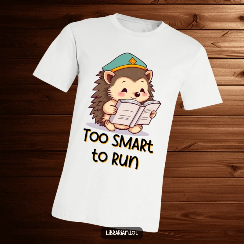 Funny hedgehog in a knowledge cap, engrossed in a large book, printed on a comfortable t-shirt, a humorous ode to learning.
