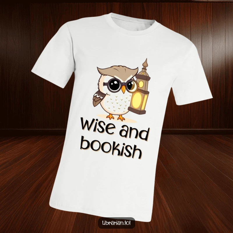 Funny T-Shirt: A studious owl wearing glasses examines a brightly glowing, old, magical tome.