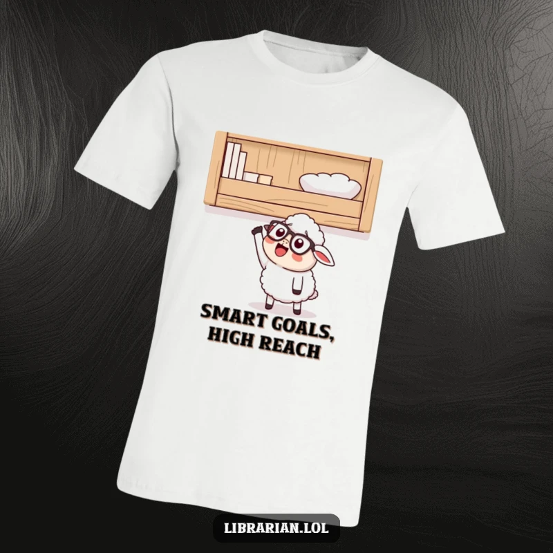 Funny T-Shirt featuring a happy cartoon sheep with glasses, looking up at a high shelf and excitedly reaching, perfect for scholars.