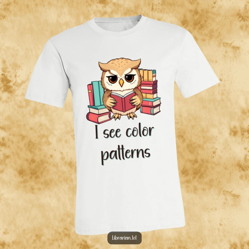 Funny owl with focused expression sorting a pile of books by color using its paws, perfect for organized readers.