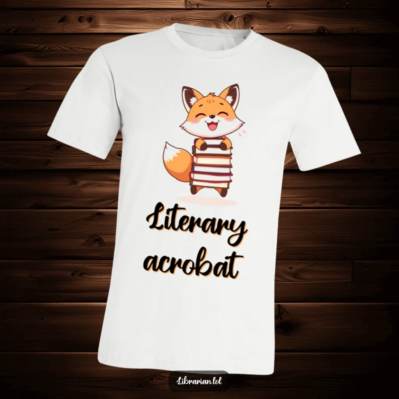 Funny t-shirt depicting a smiling fox expertly juggling a stack of books, perfect for avid readers.