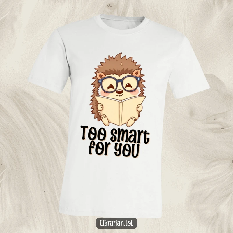 Funny t-shirt of a happy hedgehog wearing reading glasses and engrossed in a tiny scroll. Humorous and intellectual apparel.