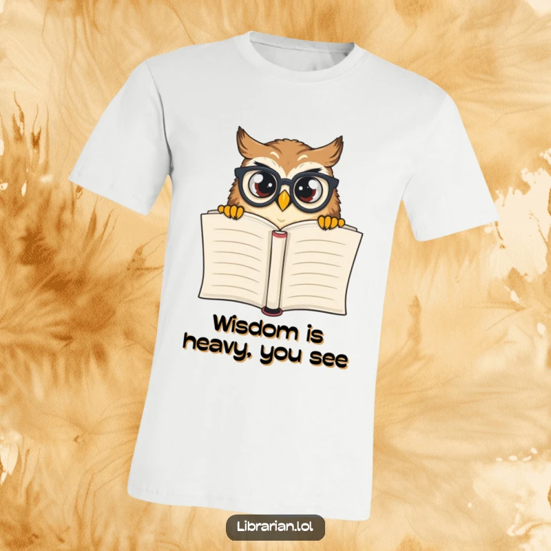 Funny curious owl with spectacles peeking over a large book, printed on a comfortable t-shirt for book enthusiasts.