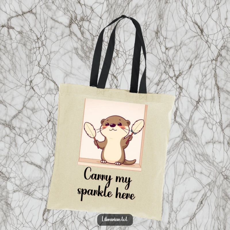 Funny Tote Bag featuring a satisfied cartoon otter dusting a shelf with a feather duster, perfect for carrying your tidy treasures.