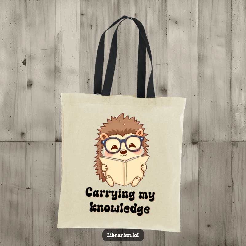 Funny tote bag with a happy hedgehog wearing reading glasses and reading a tiny scroll. Humorous and practical for students and scholars.