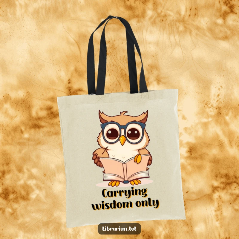 Funny owl scholar tote bag with a cute cartoon owl in spectacles pointing at a book, perfect for book lovers.