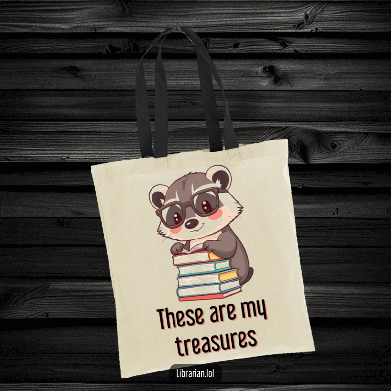 Funny happy badger wearing reading glasses, clutching books, on a chic tote bag.