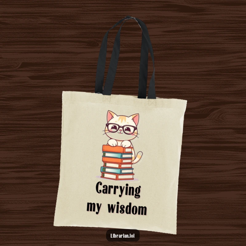 Funny tote bag showcasing a smiling cat wearing glasses, balancing a tall, precarious stack of books, ideal for carrying novels.