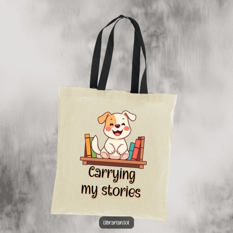 Funny tote bag with a happy dog shelving books, wagging tail, showcasing helpfulness and bookish delight, a perfect funny gift.