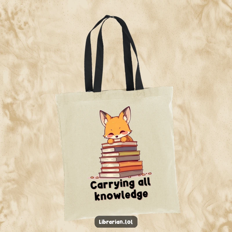 Funny fox peering intently over a huge stack of dusty tomes, perfect for carrying books and essentials in literary style.