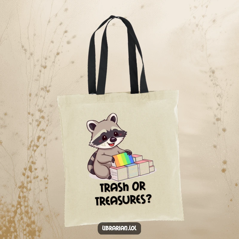 Funny tote bag with a happy raccoon sorting colorful index cards, ideal for carrying supplies and staying organized.