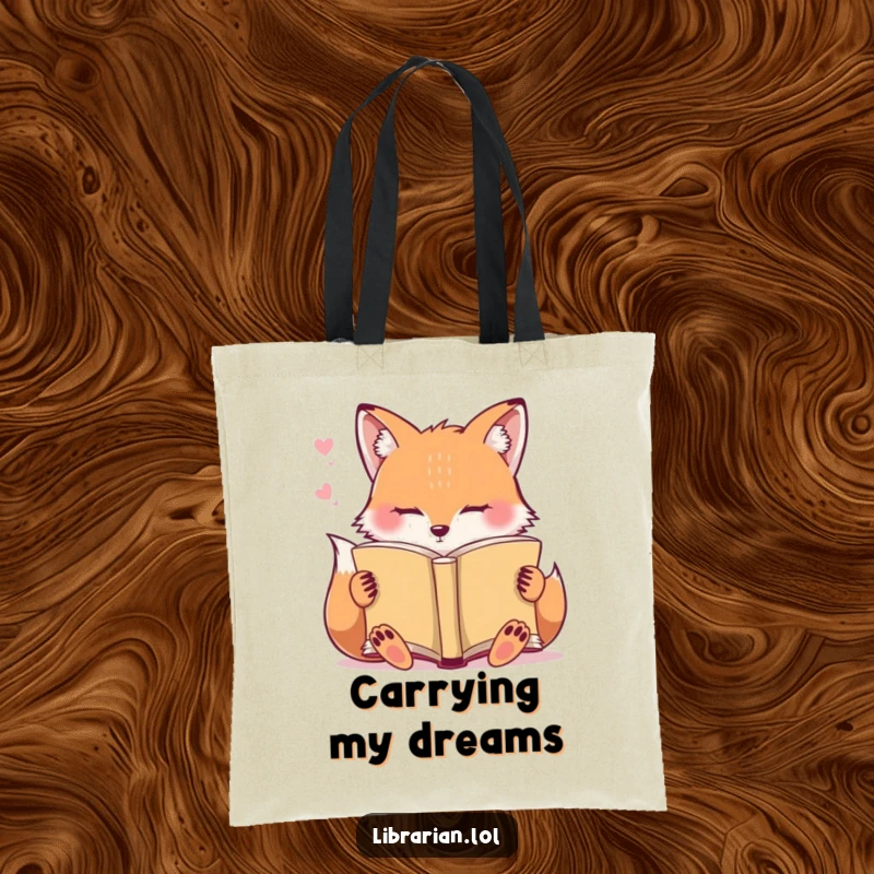 Funny Tote Bag: A contented sleepy fox dreams while holding an open book.