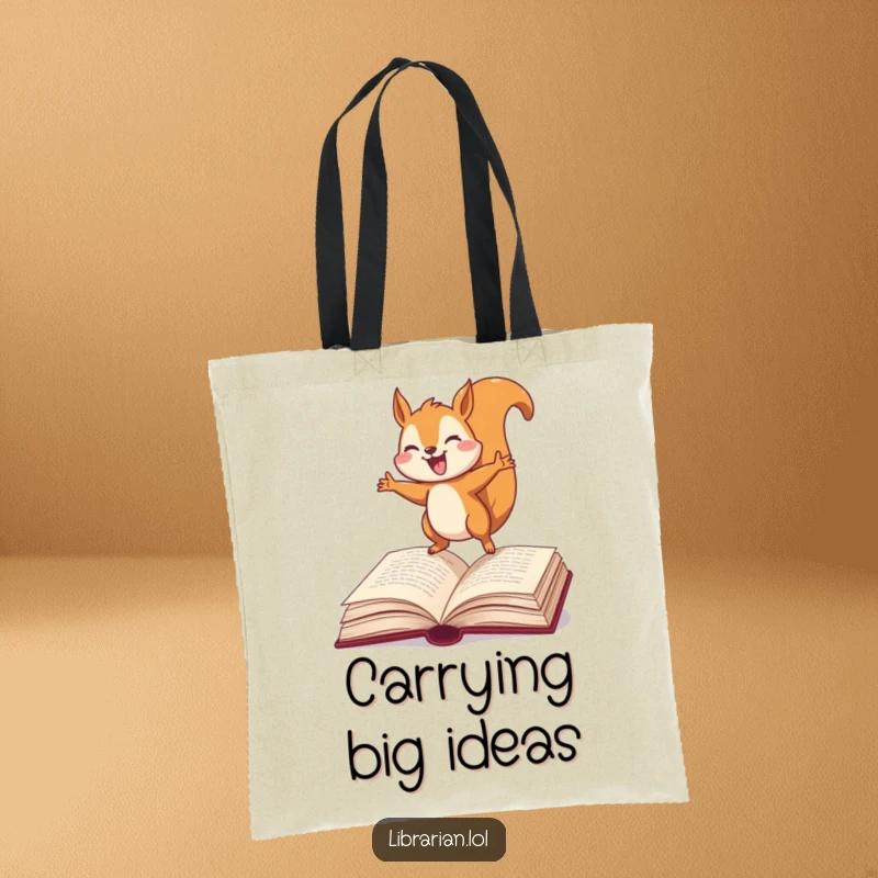 Funny Squirrel Tote Bag, joyfully leaping on an open dictionary, designed for book lovers seeking humor and practicality.