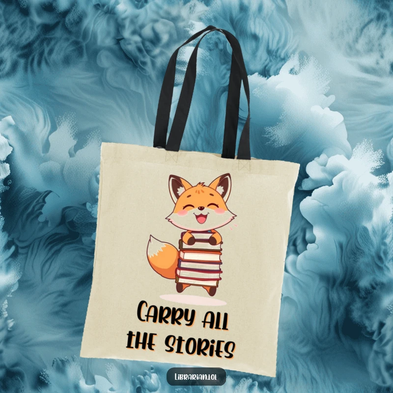 Funny tote bag showcasing a smiling fox juggling stacked books, perfect for carrying books and smiles.