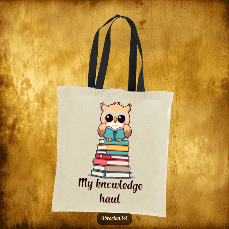 Funny tote bag: An owl librarian perched high on books, a charming funny gift accessory.